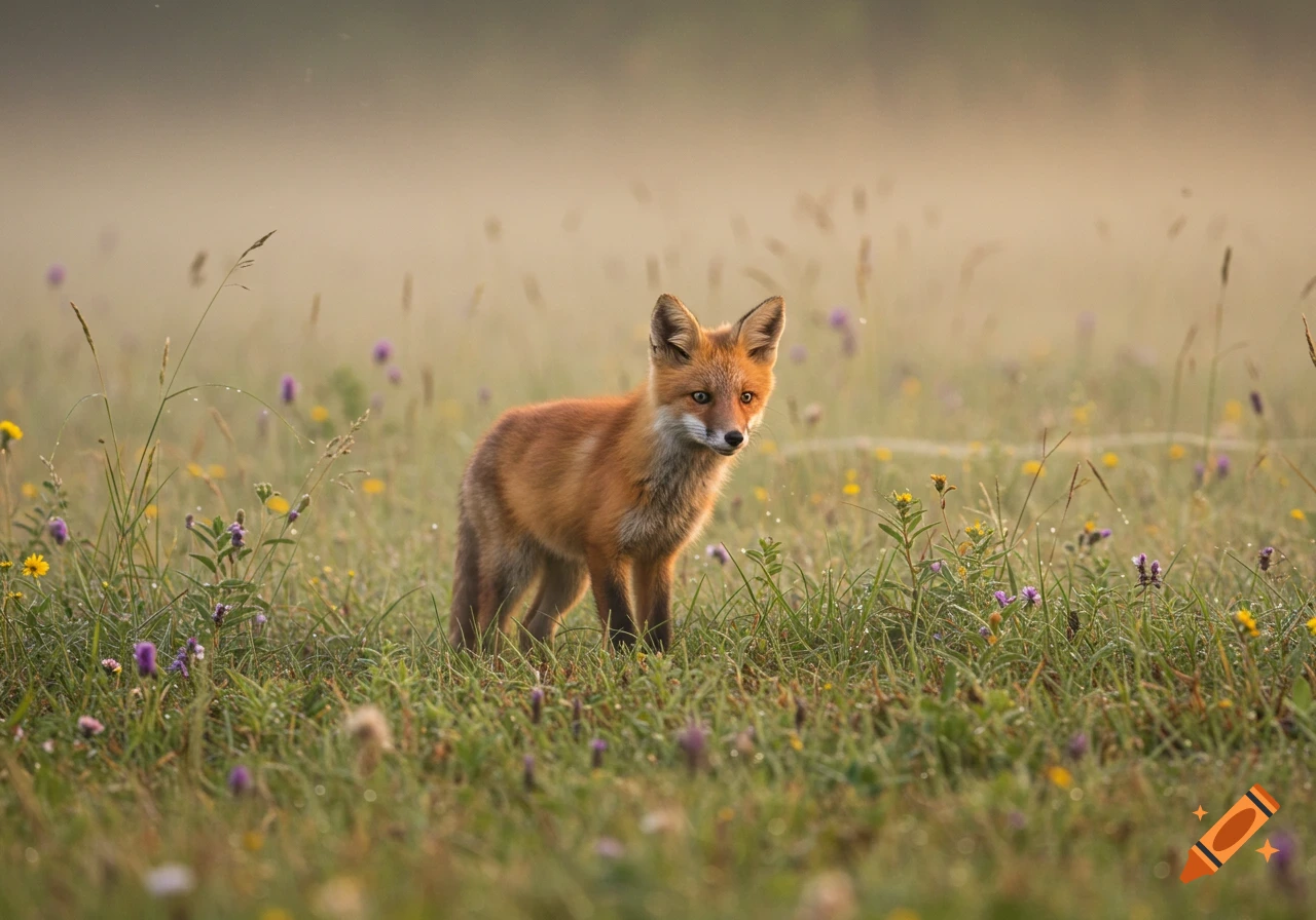 A photorealistic image of a red fox standing in a misty, grassy field with purple and yellow wildflowers.