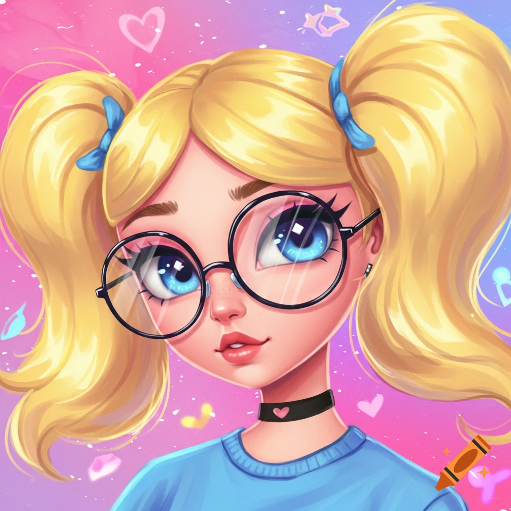 A cartoon girl with blonde pigtails, blue bows, round glasses, and large blue eyes, wearing a blue shirt against a pink background.