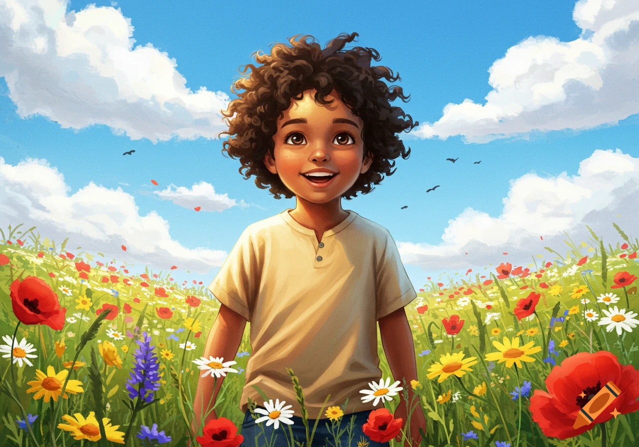 A smiling biracial boy with curly hair stands in a vibrant field of wildflowers under a blue sky, illustration.