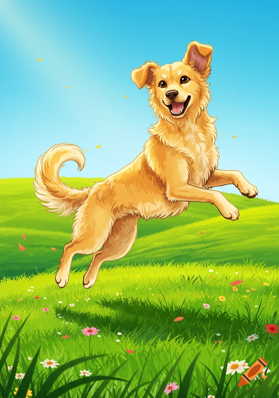 A cheerful cartoon golden dog leaps joyfully in a vibrant green field with colorful wildflowers under a bright blue sky.