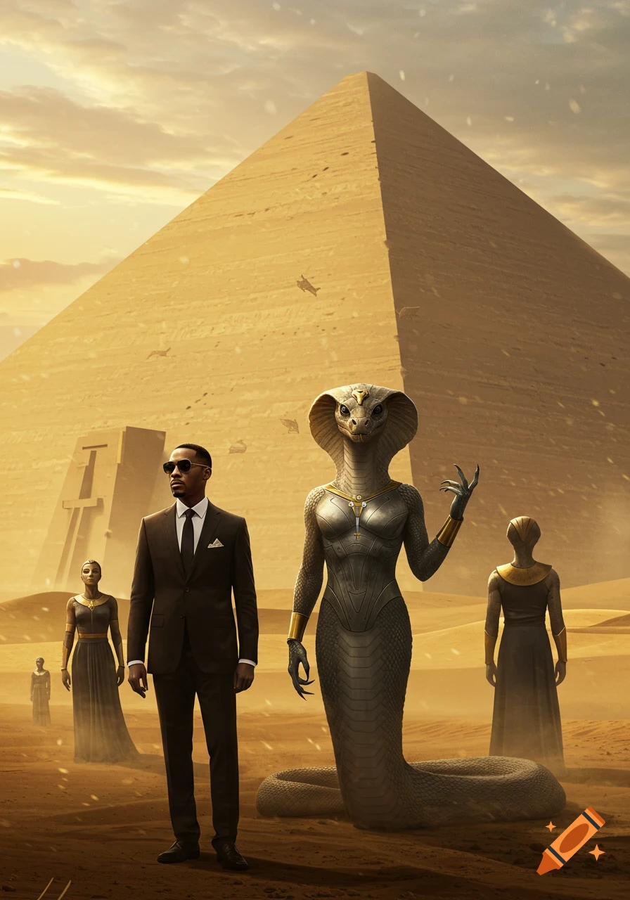 A man in a black suit and sunglasses stands next to a snake-humanoid figure, both in front of a giant pyramid in a desert landscape.