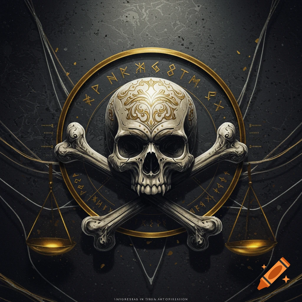 A stylized white skull with gold ornamentation, centered over two crossed bones. A golden ring with rune-like symbols surrounds them, against a dark, textured background with golden scales hanging on either side.