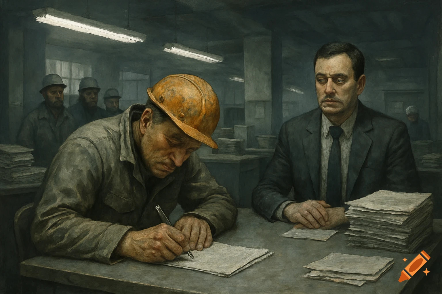 A grim, painterly scene of a worker in a hard hat signing a document, watched by a man in a suit, in a grey office.