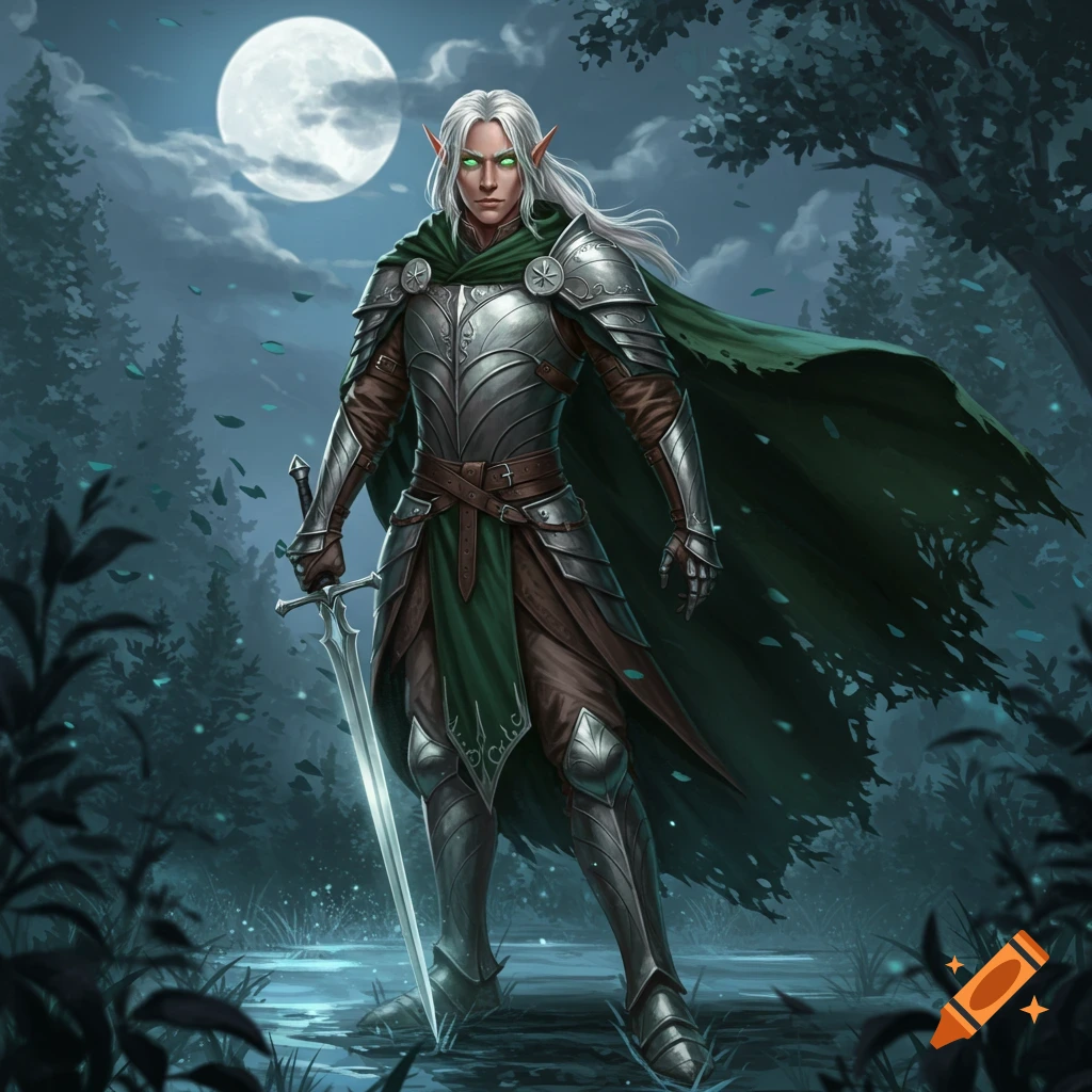 An armored elf warrior with white hair and glowing green eyes stands in a moonlit forest, holding a sword.
