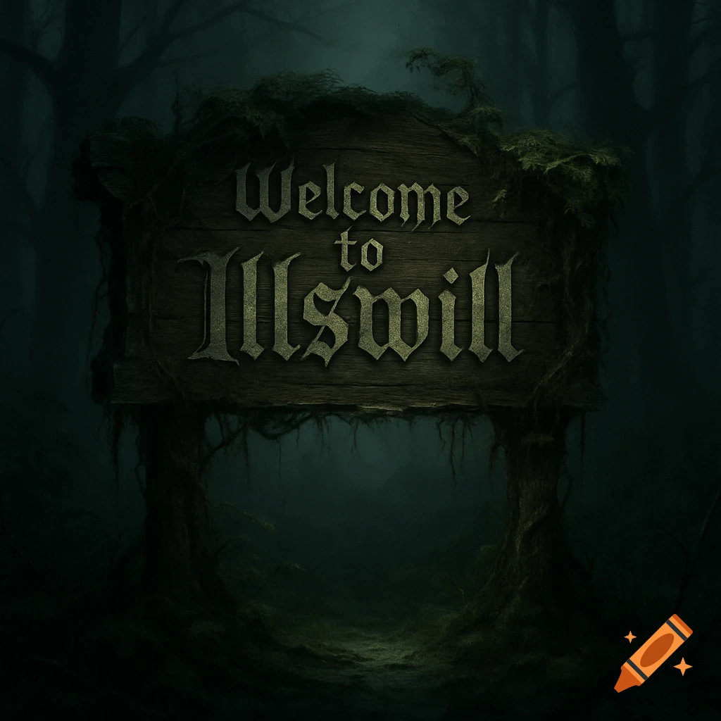 A creepy wooden sign, covered in moss and vines, stands in a dark, misty forest, displaying the words "Welcome to Illswill."