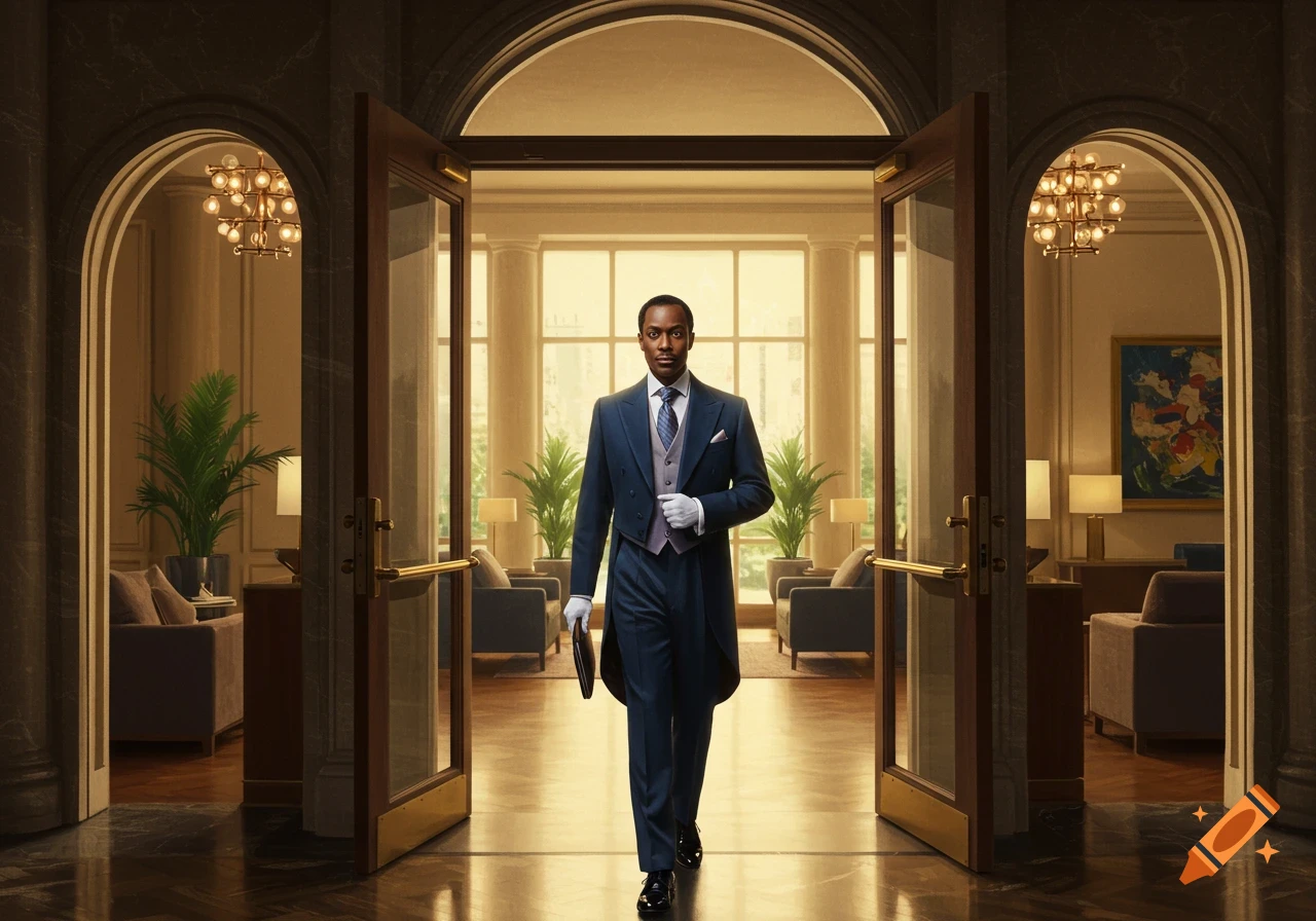 A man in a dark blue tailcoat and white gloves walks through the open doors of a grand, luxurious hotel lobby.