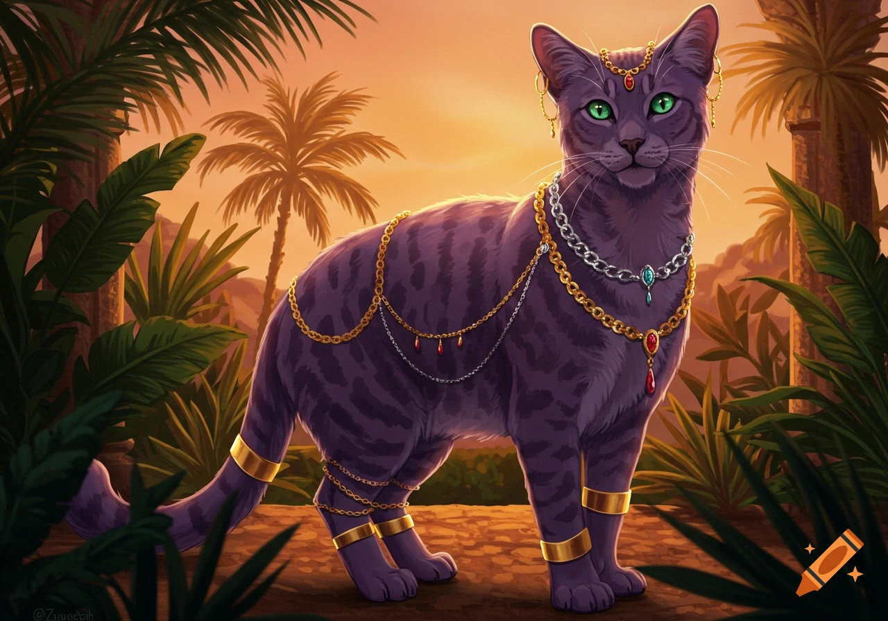 An illustrated purple tabby cat with green eyes, adorned in gold and silver jewelry, stands in a tropical jungle at sunset.