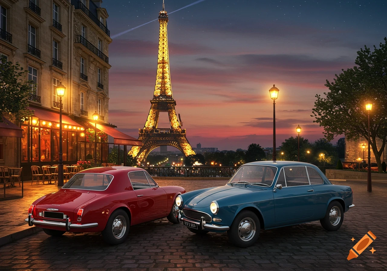Two vintage cars, red and blue, on a cobblestone street in Paris at dusk, with the illuminated Eiffel Tower in the background.