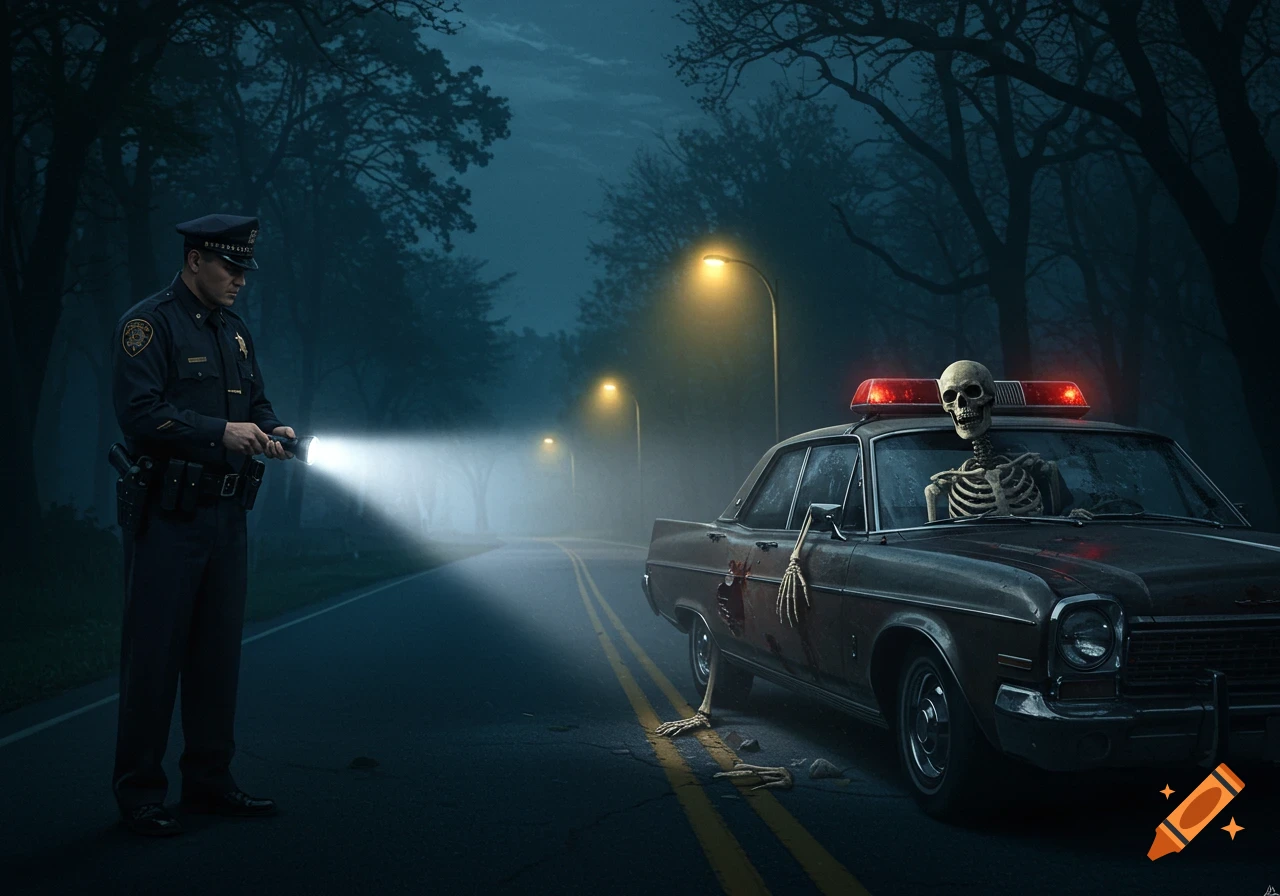 A police officer shines a flashlight on a spooky car with a skeleton driver on a dark, misty road.