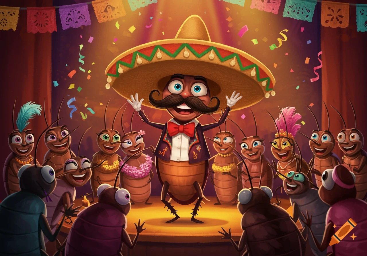 A cartoon cockroach in a sombrero and tuxedo performs on a stage, surrounded by cheering cockroaches and confetti.
