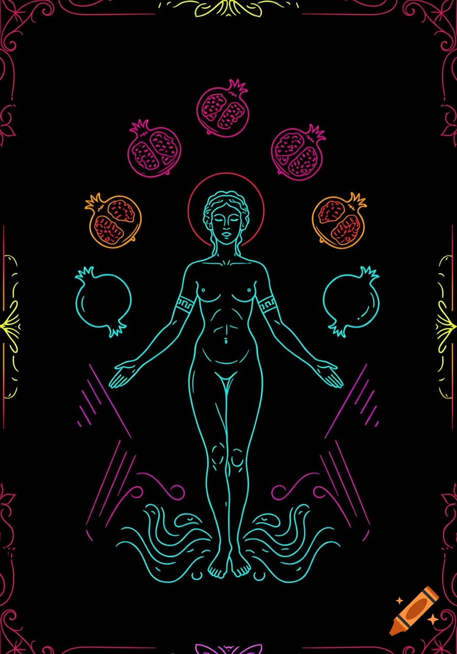 A glowing neon line art figure of a goddess stands with open arms, surrounded by pomegranates and abstract waves on a black background.