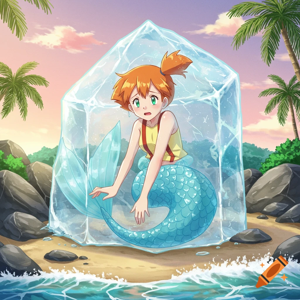 Mermaid Misty from Pokémon anime is frozen inside a large ice block on a tropical beach at sunset, looking worried.