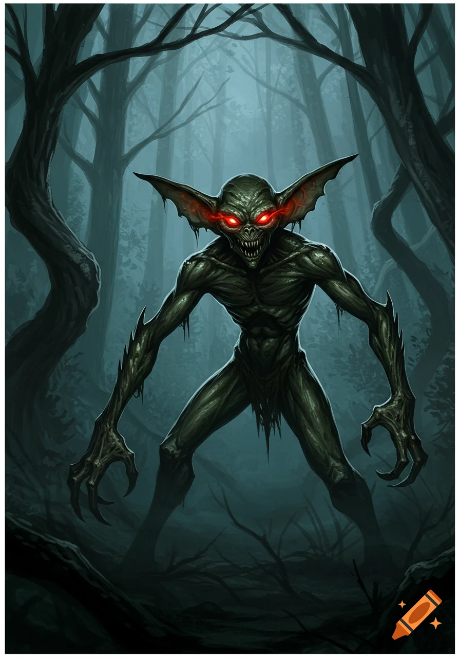 A terrifying, green-skinned gremlin with glowing red eyes and sharp teeth stands in a dark, misty forest, illustration.