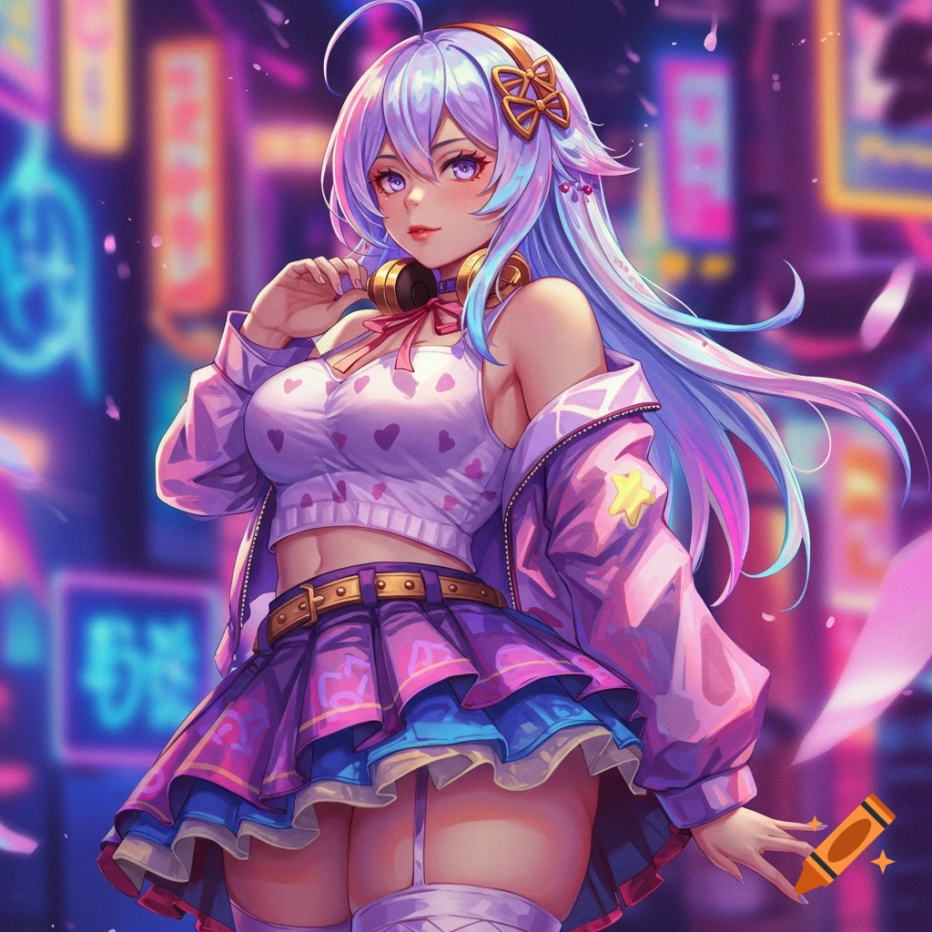Anime girl with long purple hair, headphones, crop top, and mini skirt, stands in a vibrant neon-lit city background, digital art.