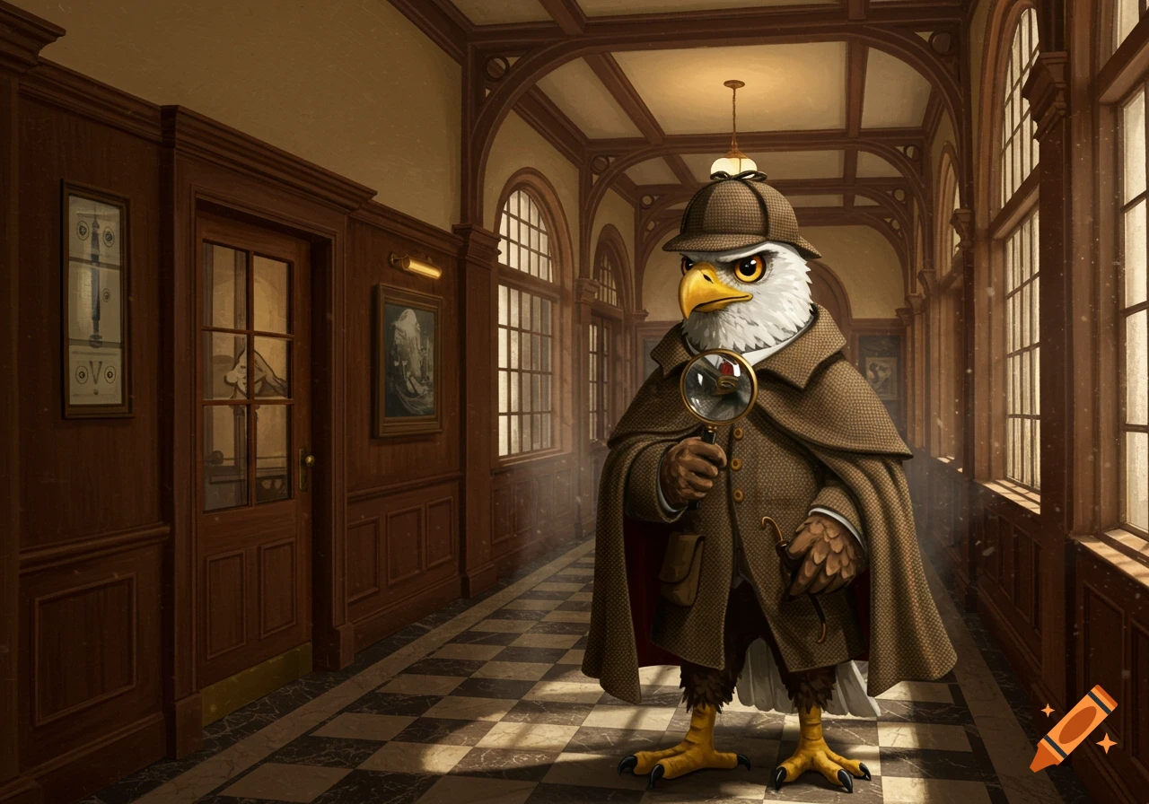 An anthropomorphic eagle dressed as a detective, holding a magnifying glass in a grand hallway.