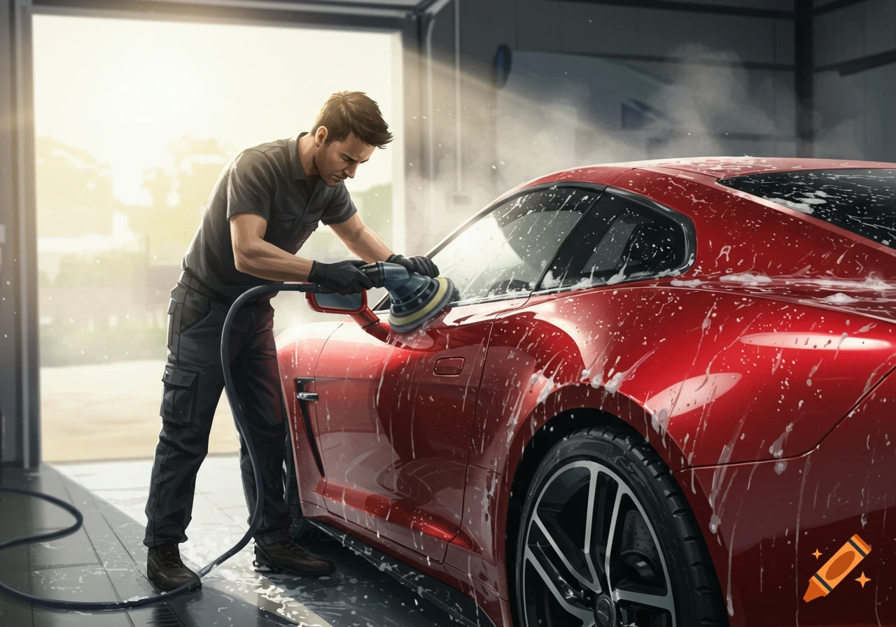 A man in dark clothes and gloves polishes a red sports car covered in soap suds inside a bright garage.