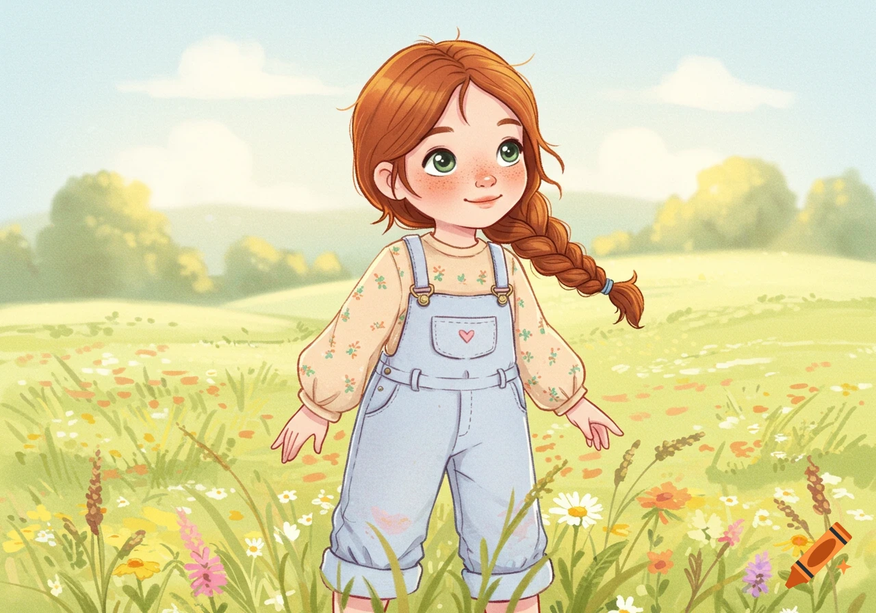 A cute cartoon girl with red braided hair, freckles, and green eyes, wearing overalls, stands in a sunny green field with wildflowers.