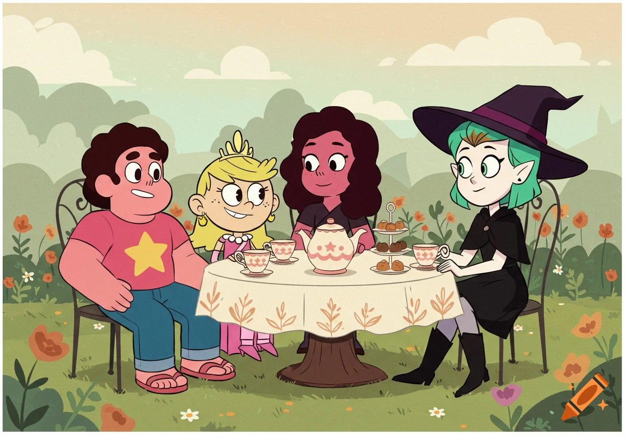 Four cartoon characters, Steven Universe, Lola Loud, Ruby, and Amity Blight, enjoy a tea party outdoors in a green garden.