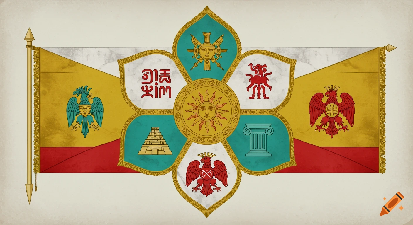 Conceptual flag with a golden sun, six sections featuring historical symbols: eagles, pyramid, column, glyphs. Gold, red, turquoise.