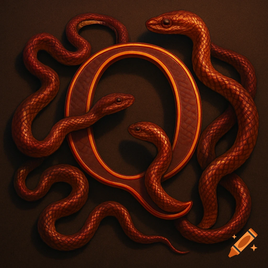 A dark, stylized capital letter 'Q' with a metallic trim, encircled and interwoven by four coppery-red snakes on a dark background.