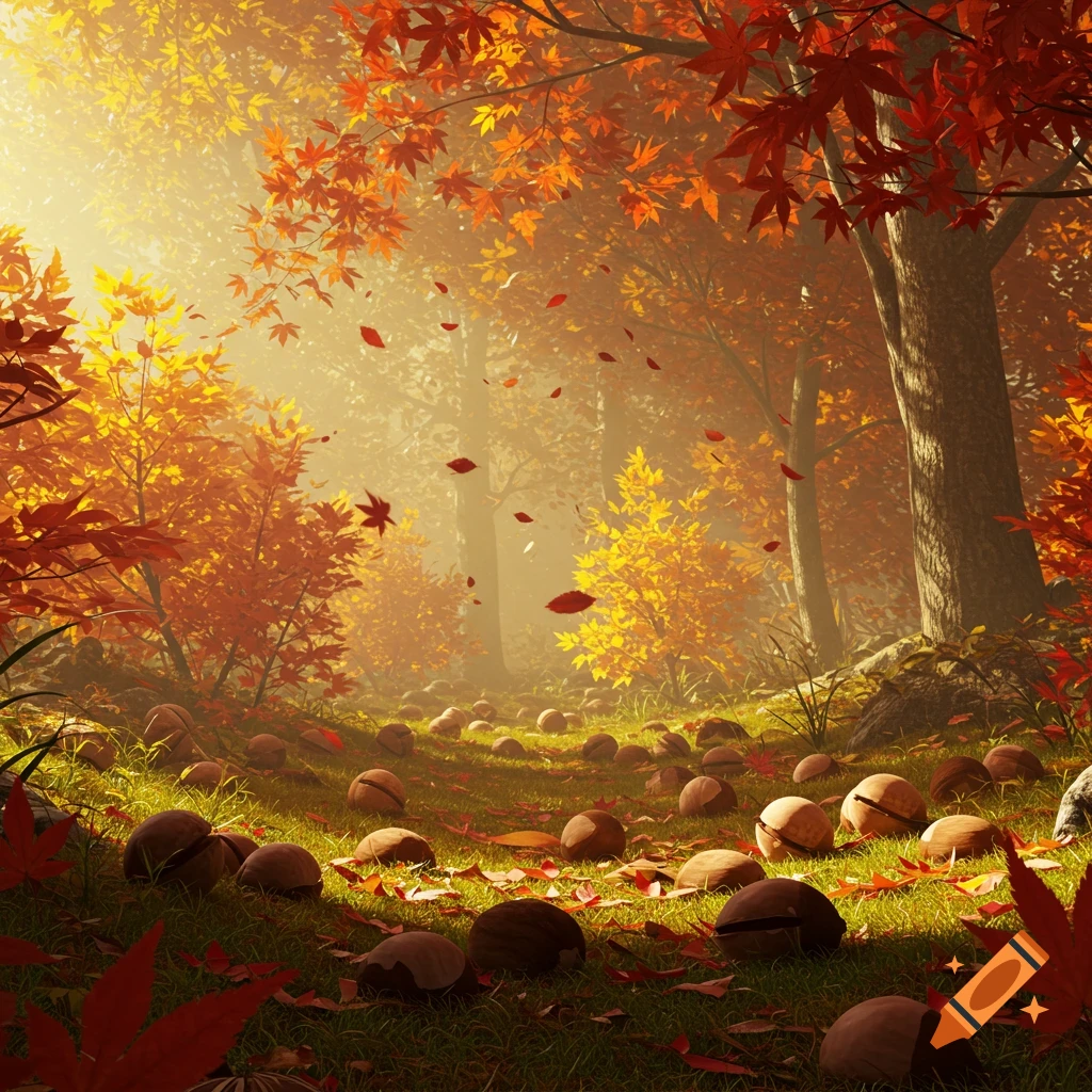 Vibrant autumn forest scene with sunlit trees, falling red and orange leaves, and numerous chestnuts on grassy ground.