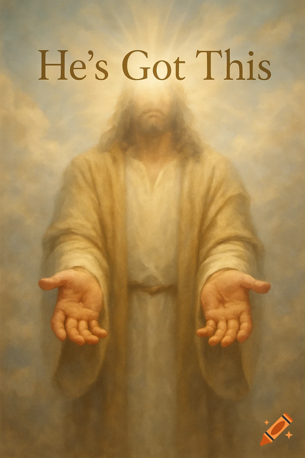 An ethereal painting of Jesus Christ with open hands and his face obscured by light, with the text 'He's Got This' above him.