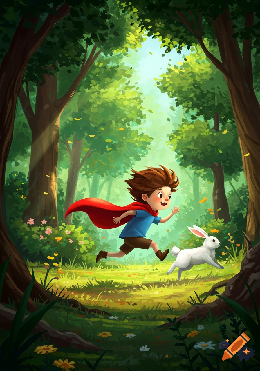 Cartoon boy in a red cape running through a sunlit forest, chasing a white rabbit. Stylized illustration.