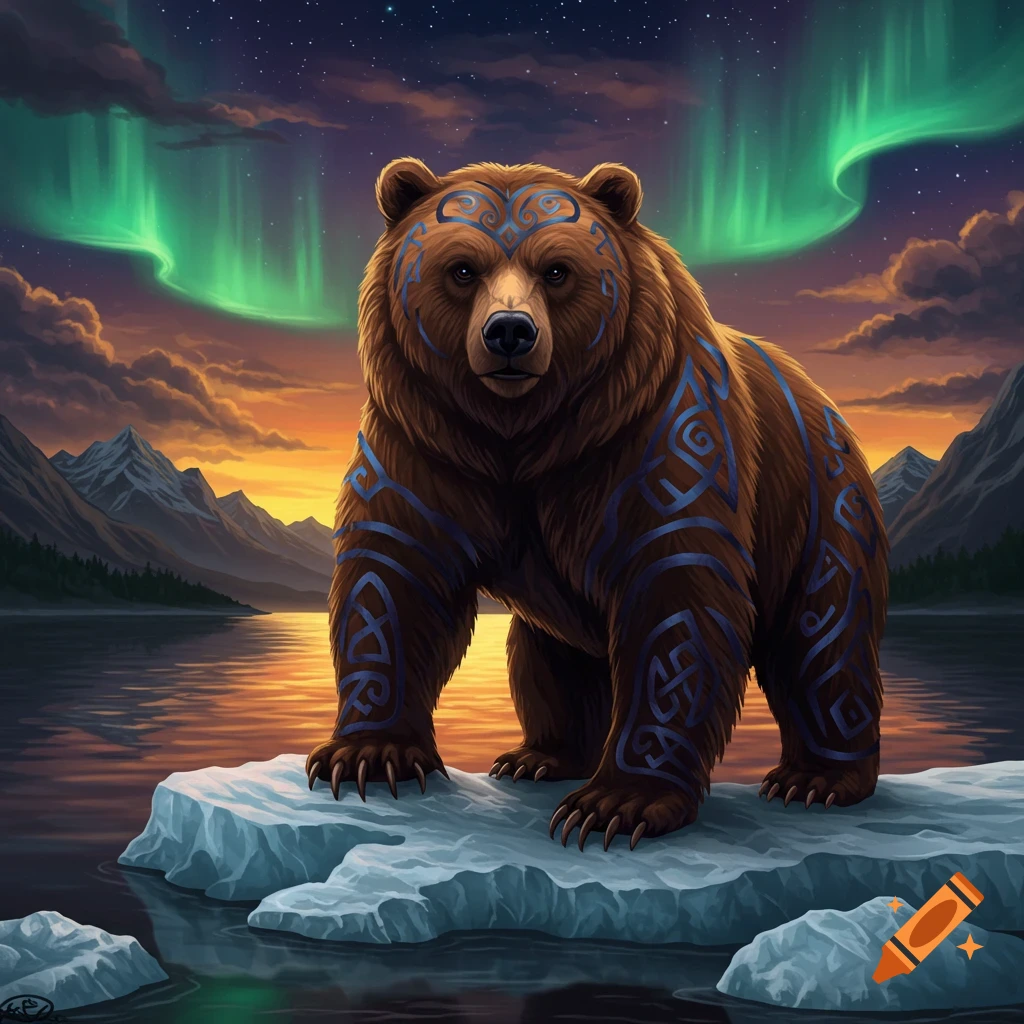 Brown bear with blue tribal markings stands on ice in a fantastical landscape with an aurora borealis sky.