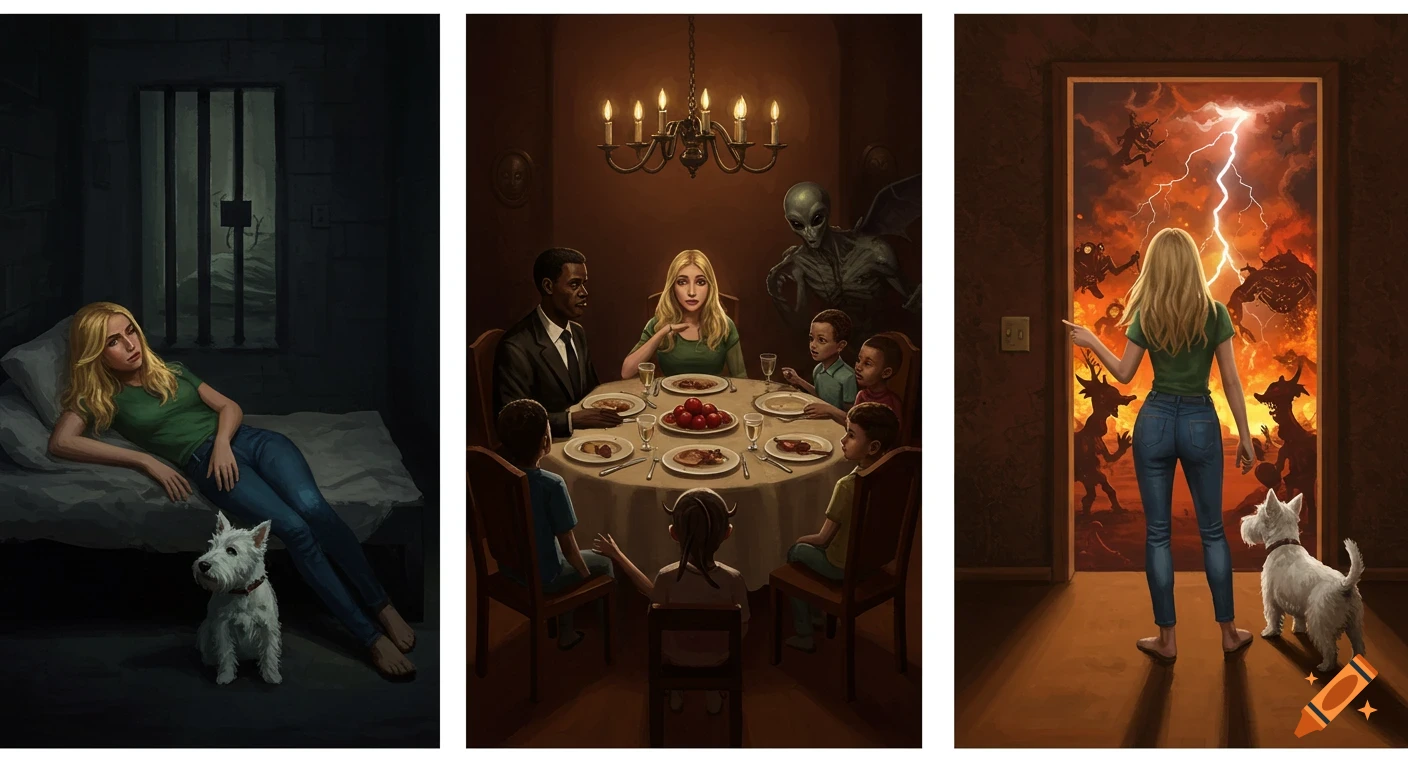 A surreal triptych painting. Panel 1: A blonde woman in a prison cell with a white terrier. Panel 2: The woman at a dinner table with a man, children, and a gray alien. Panel 3: The woman facing a fiery, demonic apocalypse through a doorway, with a white terrier beside her.