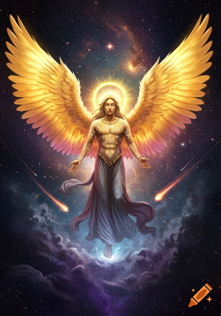 A majestic archangel with golden wings floats in a cosmic, starry sky with nebulae and shooting stars.