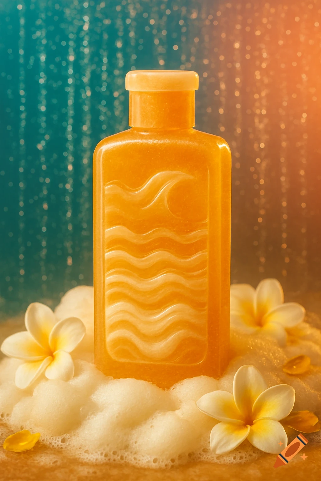 Orange shower gel bottle with wave patterns, surrounded by white foam and plumeria flowers, against a bokeh background.