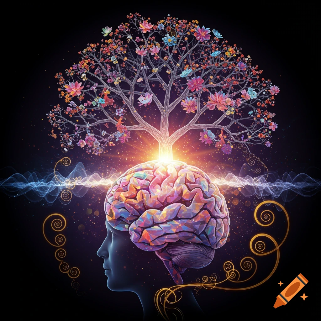 Stylized, colorful human brain with a vibrant, blossoming tree growing from its top, surrounded by glowing energy and golden swirls on a dark background.
