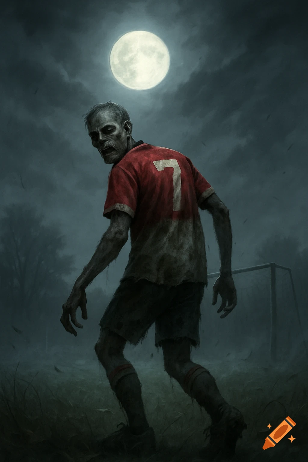 A creepy zombie in a tattered red and white soccer jersey with the number 7 stands on a foggy field under a full moon.