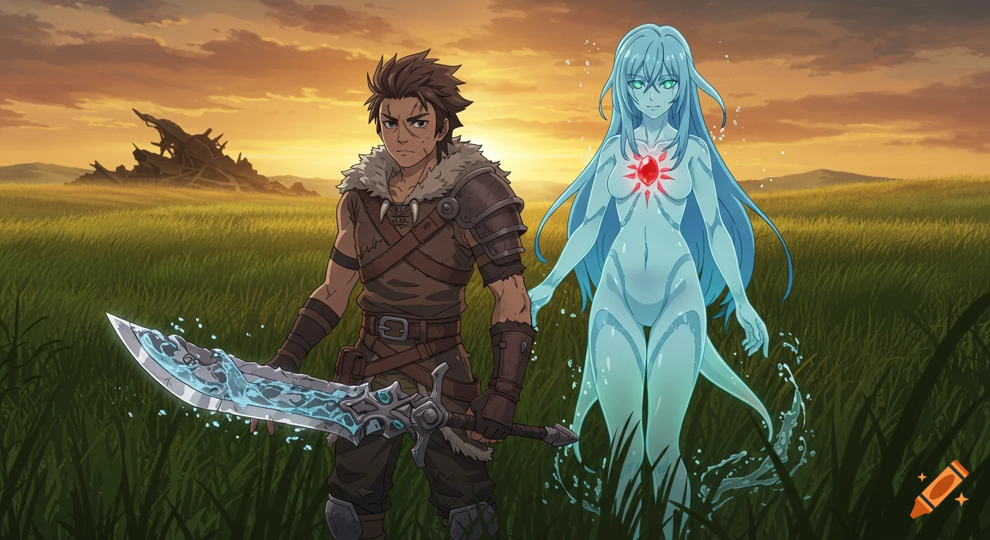 A stoic male warrior with a glowing sword stands beside a serene, translucent blue female spirit in a grassy field at sunset, with distant wreckage.