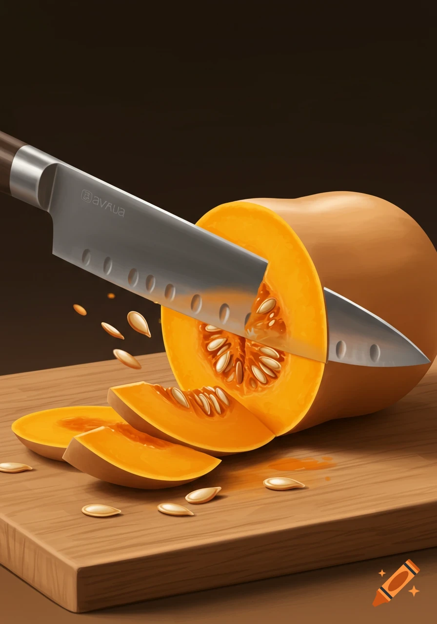 A stylized illustration of a knife cutting a butternut squash into slices on a wooden cutting board.