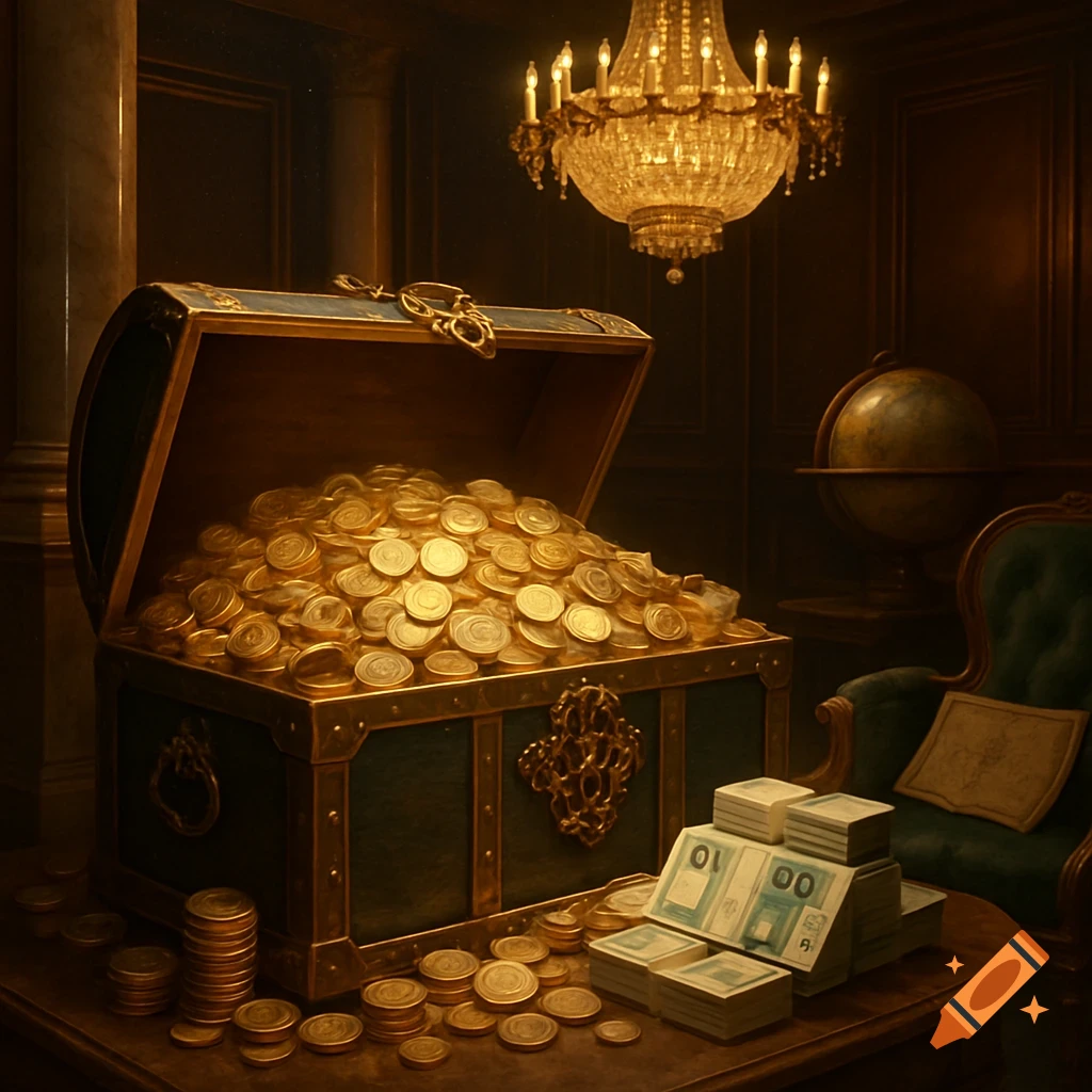 A dimly lit room with an open treasure chest overflowing with gold coins, and stacks of banknotes on a wooden table, under a chandelier.