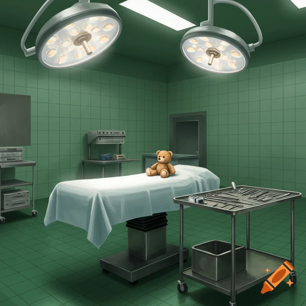 An illustration of a green-tiled operating room with a teddy bear on the operating table, surrounded by medical instruments.