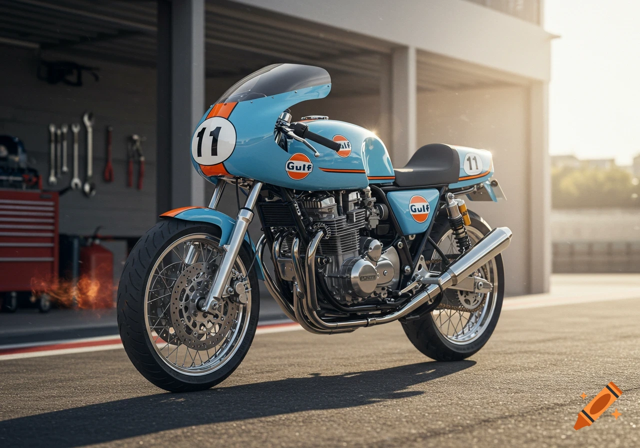 A vintage-style motorcycle with light blue, orange, and white Gulf racing livery, number 11, parked on asphalt with a garage in the background.