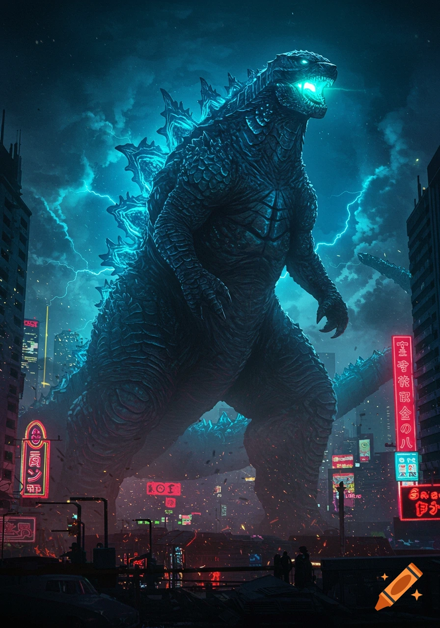 Godzilla stands in a neon-lit city at night, with glowing blue spines and eyes, amidst lightning strikes.