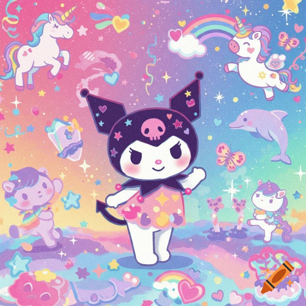 Kuromi surrounded by unicorns, dolphins, and stars in a vibrant, sparkly Lisa Frank-style cartoon.