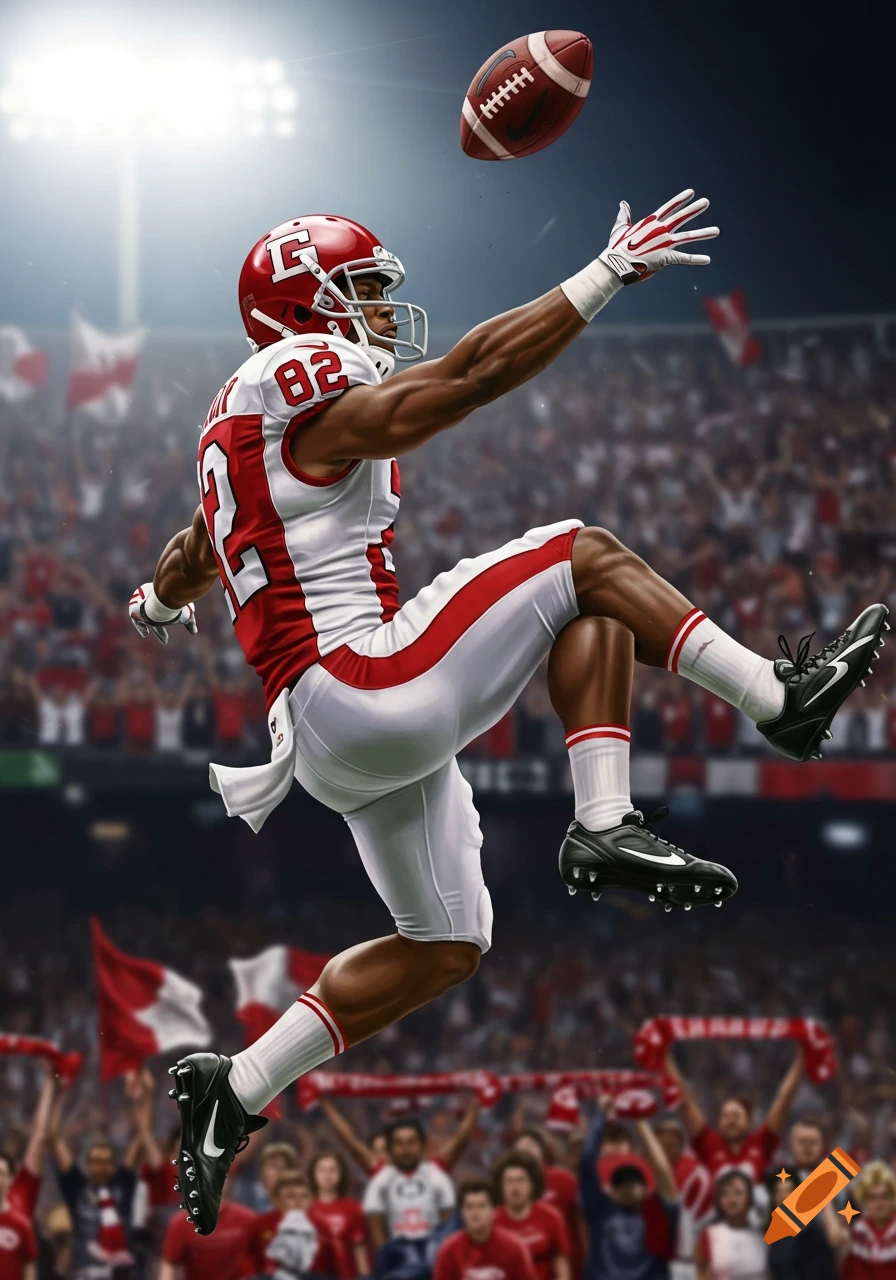 A photorealistic image of an American football player in a red and white uniform leaping to catch a football in a stadium.