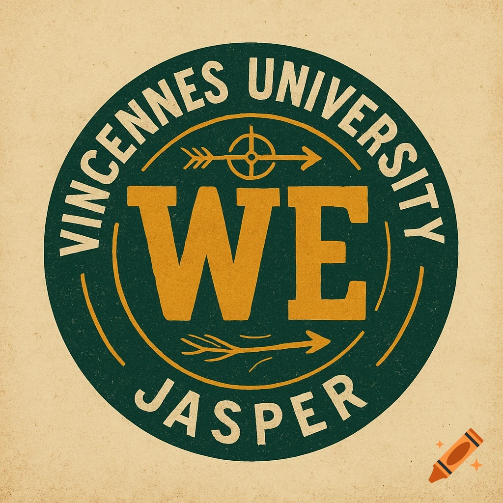 Retro circular logo for Vincennes University Jasper with "WE" in the center, arrows, and compass design on a textured background.