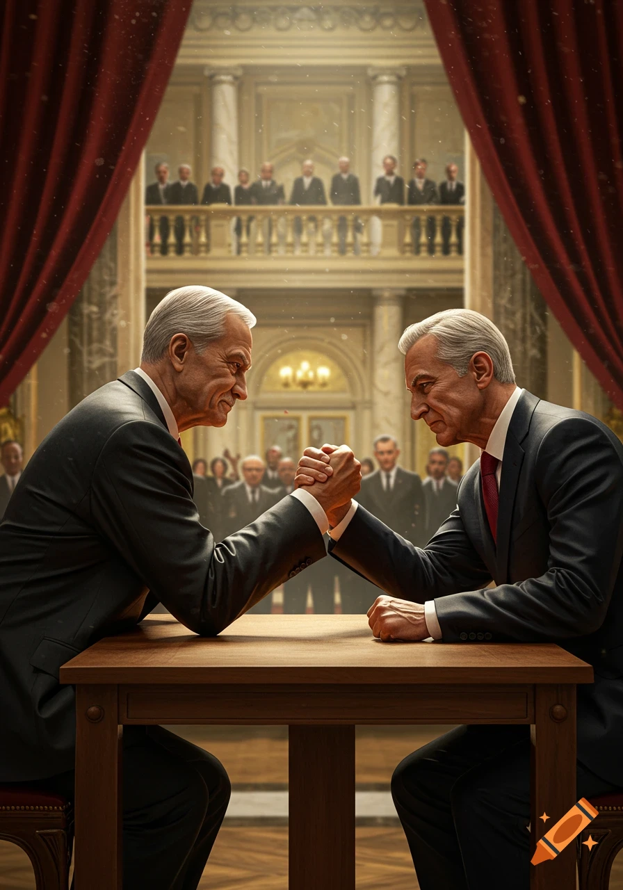 Two older men in suits arm wrestle at a wooden table in a grand, ornate hall, watched by other men. Photorealistic style.