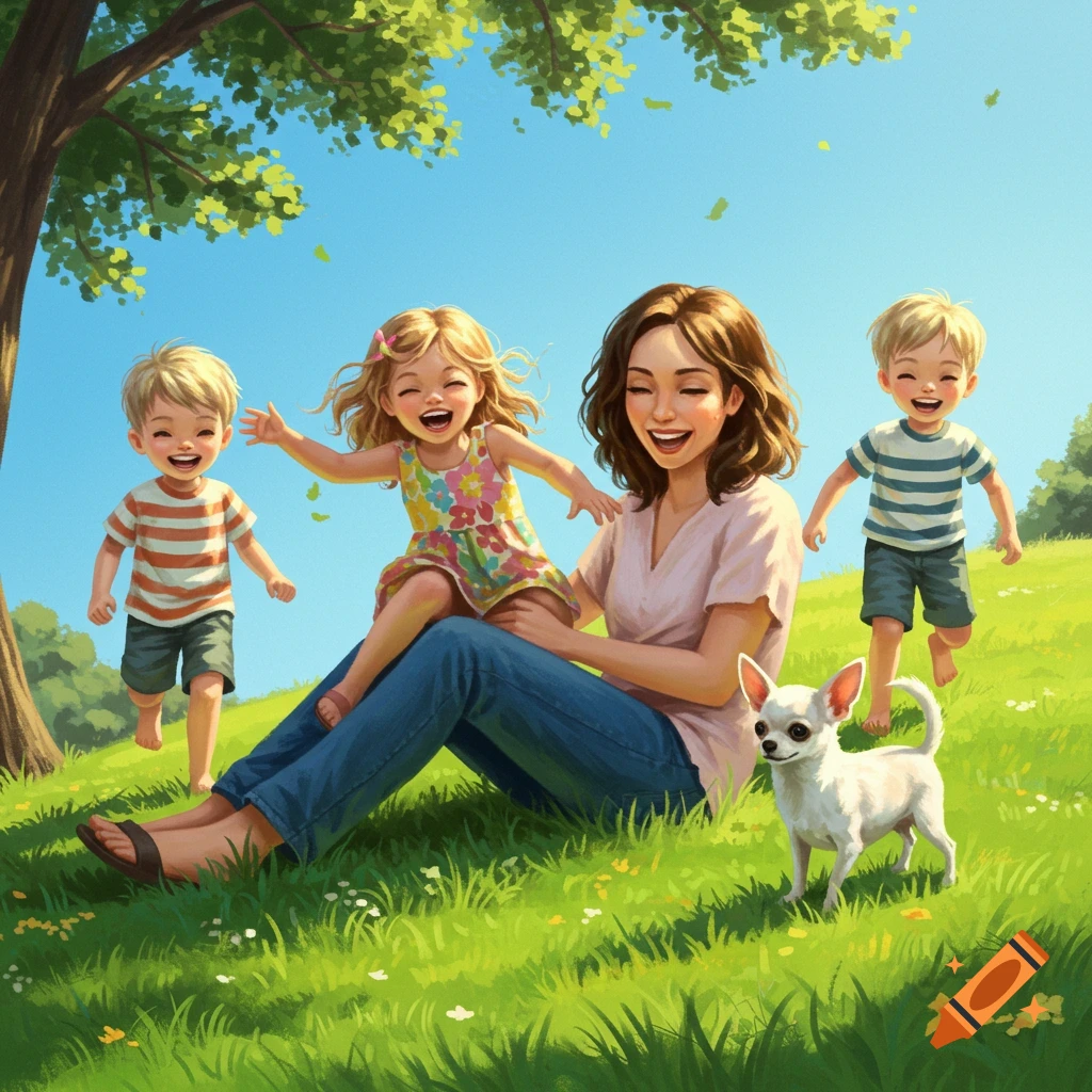 Vibrant illustration of a mother, two boys, a girl, and a white chihuahua joyfully playing in a sunny grassy park.