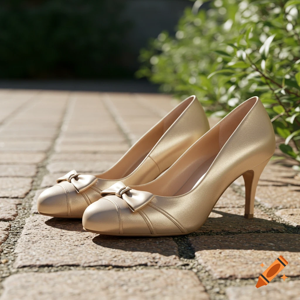 A pair of champagne-colored high-heeled shoes with bows on the toes, sitting on a brick path outdoors.