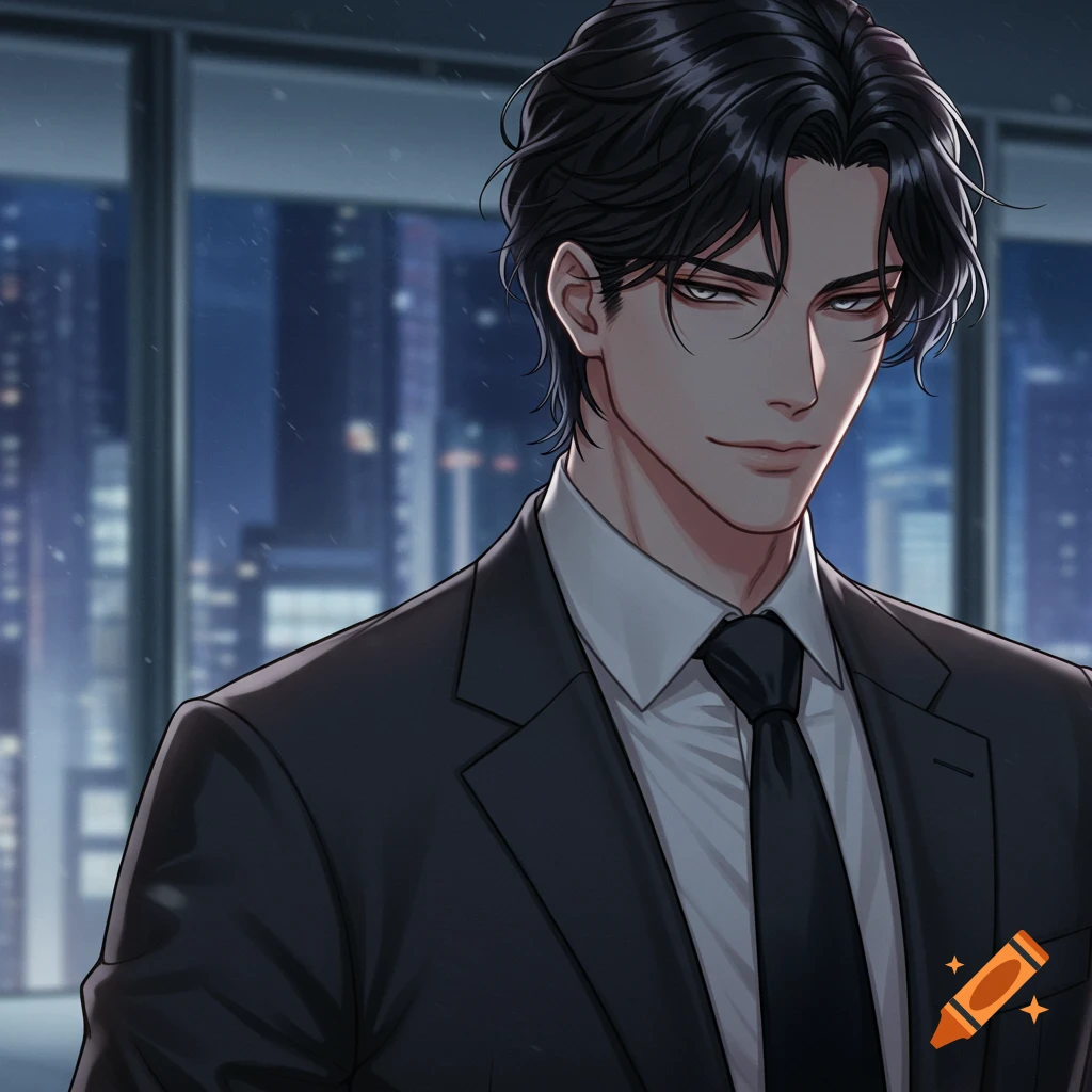 Anime portrait of a handsome man with black wavy hair and a smirk, wearing a black suit against a city night background.