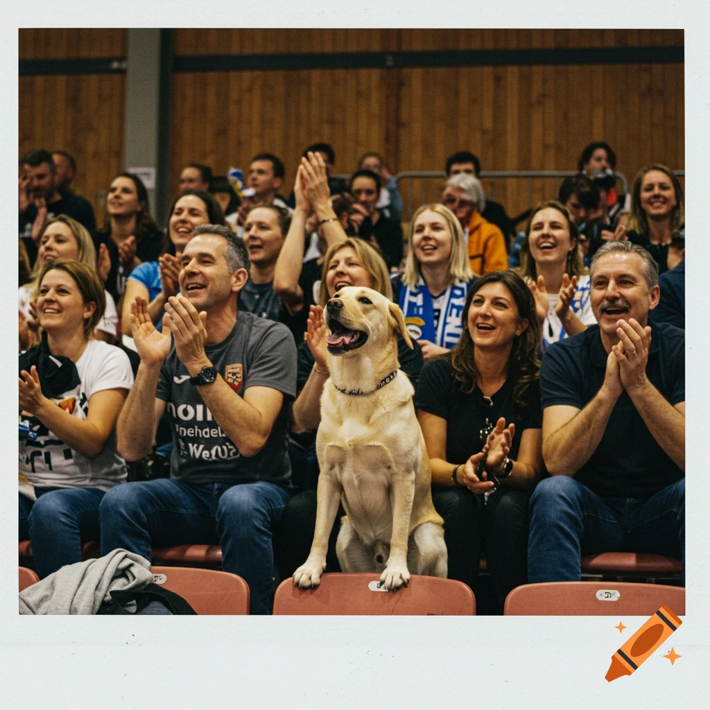 A happy Labrador-type dog sits upright among applauding spectators in a sports arena.