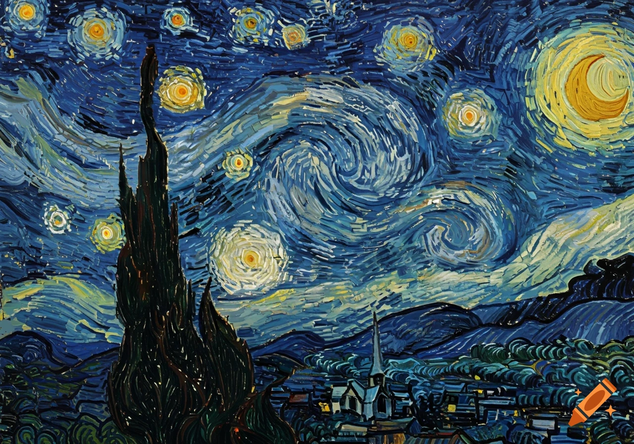 Van Gogh style painting 'The Starry Night' with a swirling blue sky, bright stars, a crescent moon, a dark cypress, and a village.