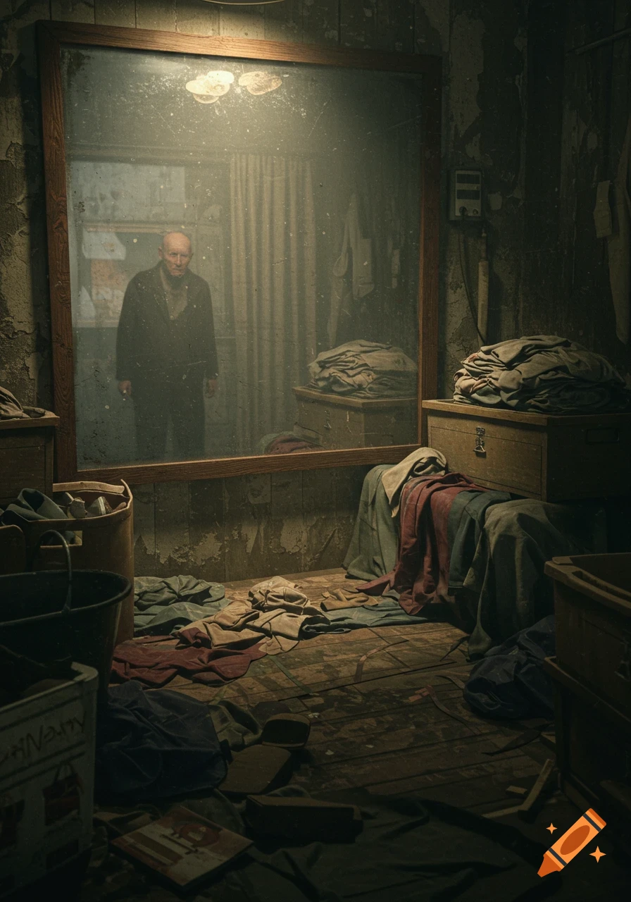 A photorealistic image of an old man's reflection in a dirty mirror in a dark, messy room with clothes on the floor.