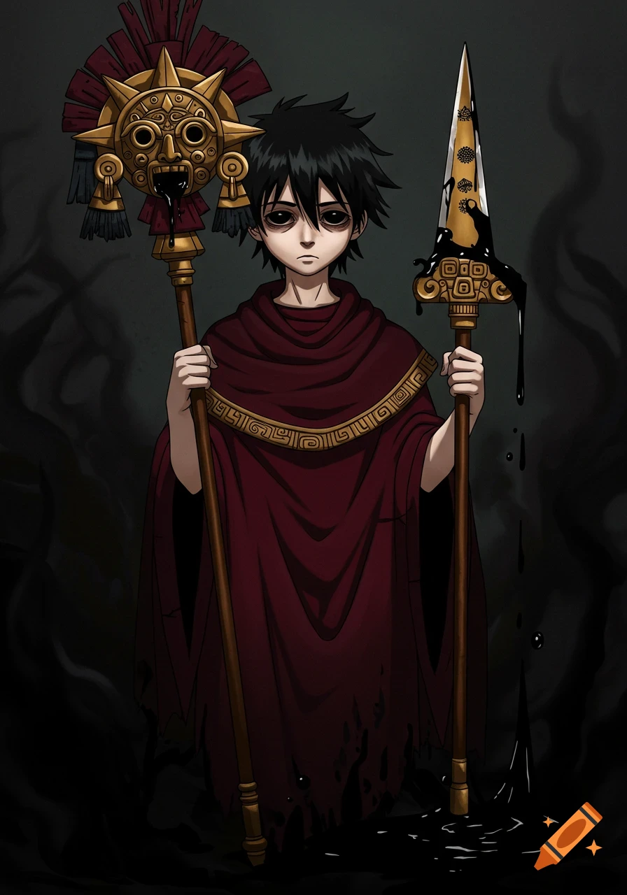 Anime-style illustration of a pale boy in dark red robes holding a golden Incan sun staff and spear, both dripping black liquid, against a dark background.